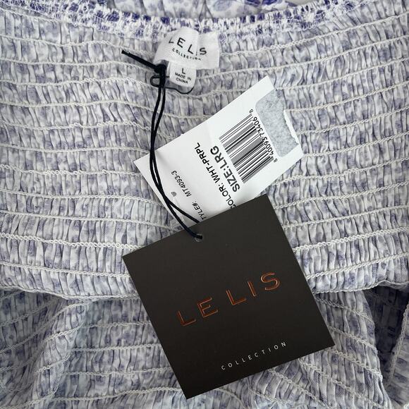 NWT Le Lis Smocked Puff Sleeve Crop Top White Purple Women's Size Large - Picture 12 of 13